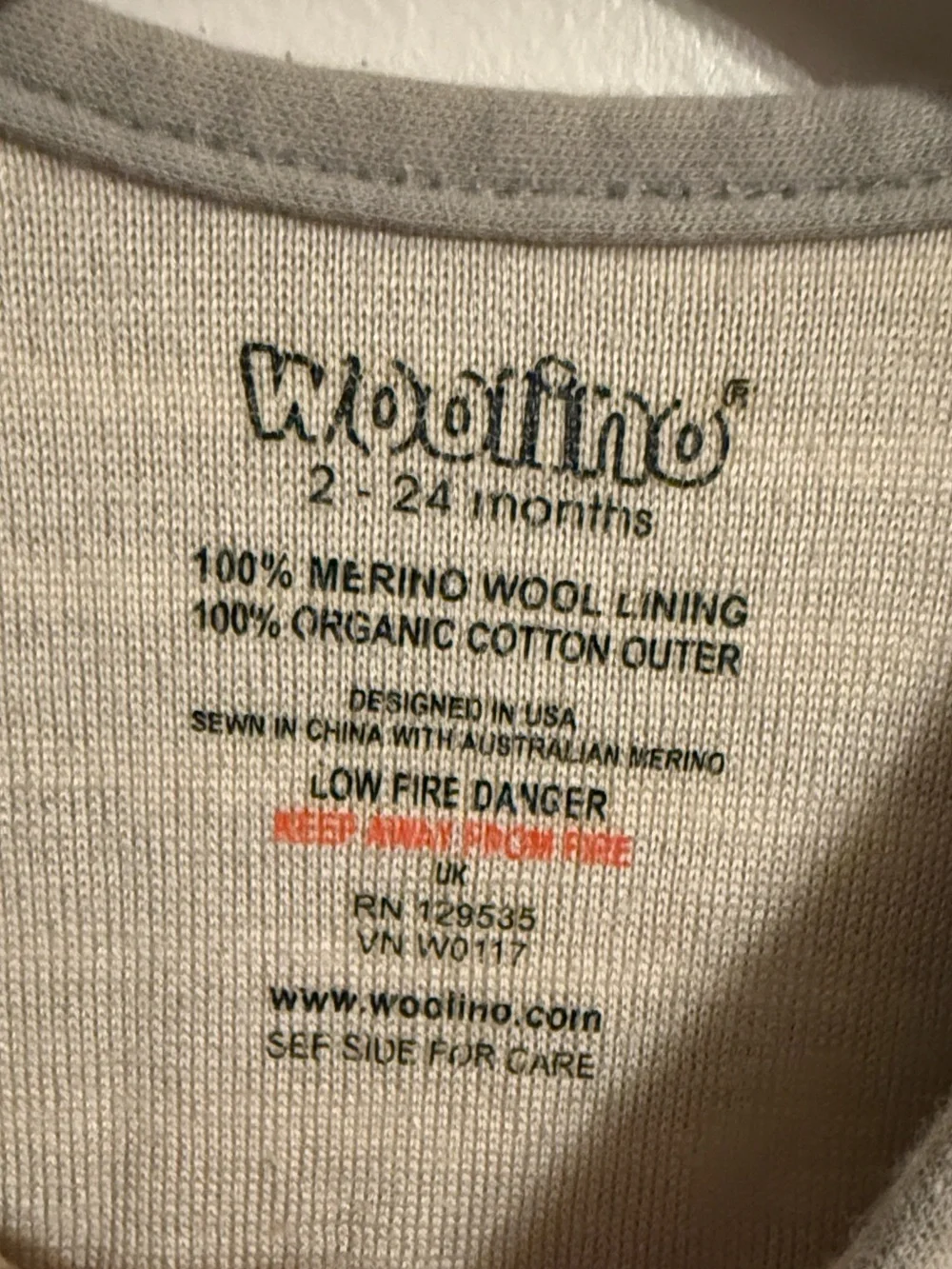 Woolino Sleep Sack 100% Merino Wool Lining 100% Organic Cotton Outer 2-24 Months